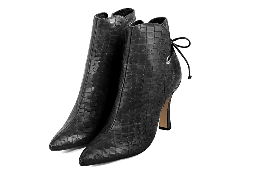 Dark grey women's ankle boots with laces at the back. Tapered toe. Very high spool heels. Front view - Florence KOOIJMAN